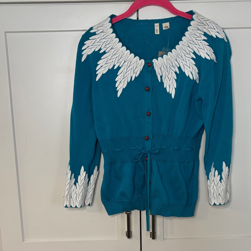 Anthroplogie- Moth Teal Cardigan with White Leaf Design-NWT